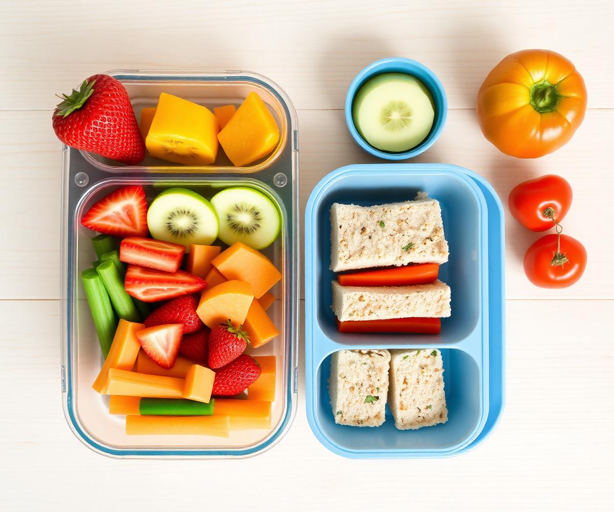 Lancheira saudável montada com frutas, legumes e mini sanduíches