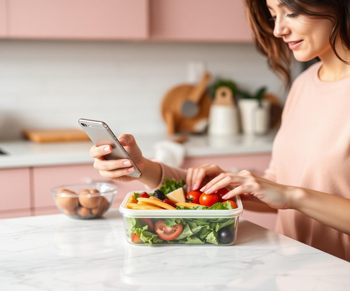 Mãe consultando receitas no celular enquanto monta a lancheira