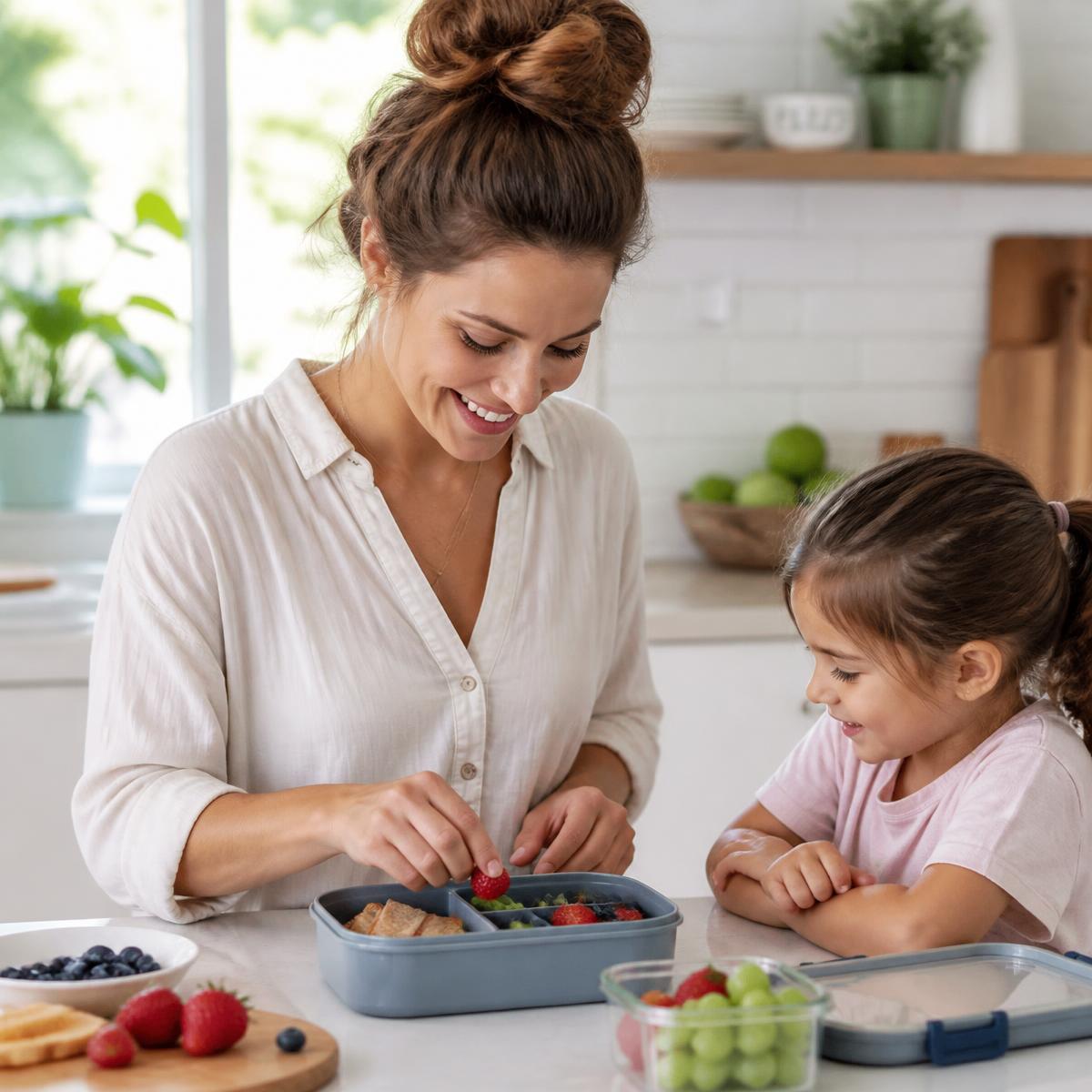 Mãe preparando uma lancheira saudável para o filho na cozinha